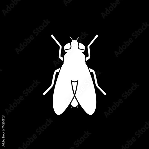 Simple white fly silhouette on black background minimalist insect graphic.