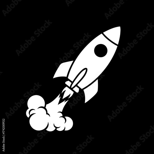 Stylized white rocket launching into space with smoke trail.