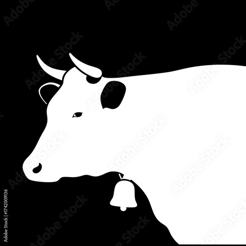 Stylized cow profile with bell simple black and white design.