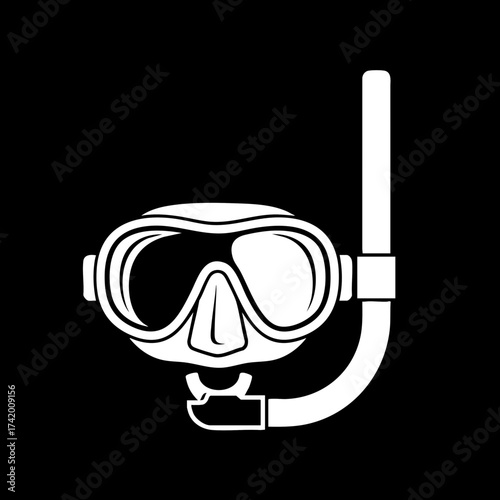Simple white icon of a snorkel and mask on black background.