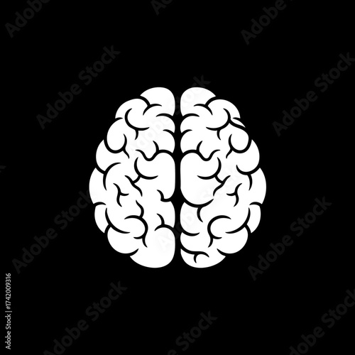 Minimalist human brain icon on black background representing thought and intelligence.