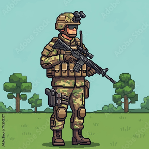 Pixelated illustration of a soldier in combat gear, holding a rifle, standing outdoors.