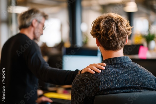 Mentor placing a supportive hand on a younger colleague’s shoulder in a professional office setting.