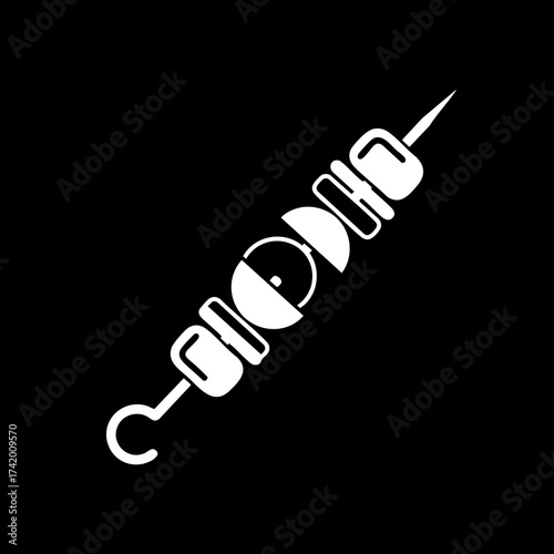 Simple white silhouette icon of a shish kebab skewer with grilled food items.