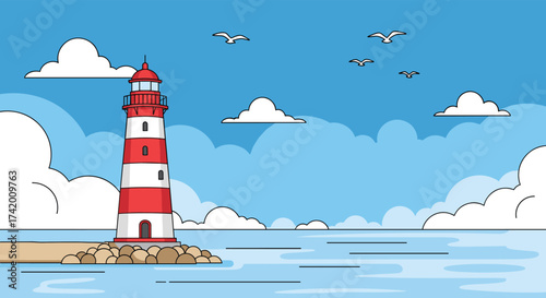 A tall red and white striped lighthouse stands on a rocky island overlooking the ocean with fluffy clouds in the sky.