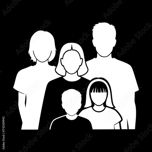 Modern minimalist family symbol with five members parents and three children.
