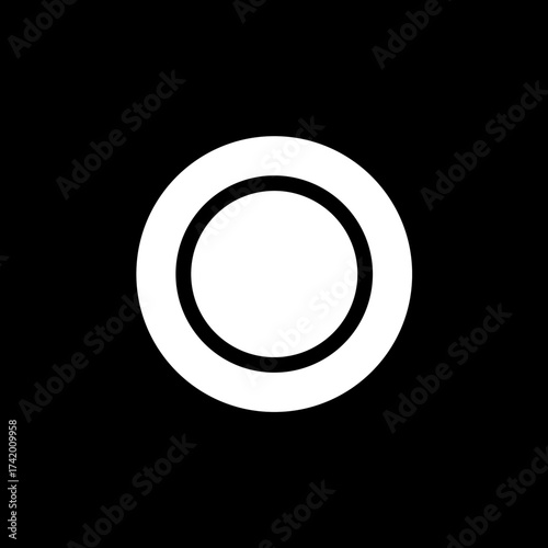 Minimalist White Circle with Black Outline and Inner Ring on Black Background.