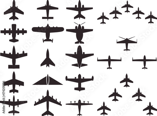 Airplains top view and formations illustrated on white

