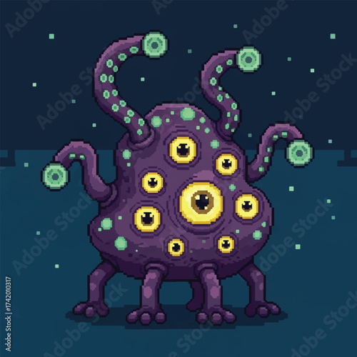 A pixel art illustration of a strange, multi-eyed, purple alien creature with tentacles and glowing green eyes, set against a dark, starry background.