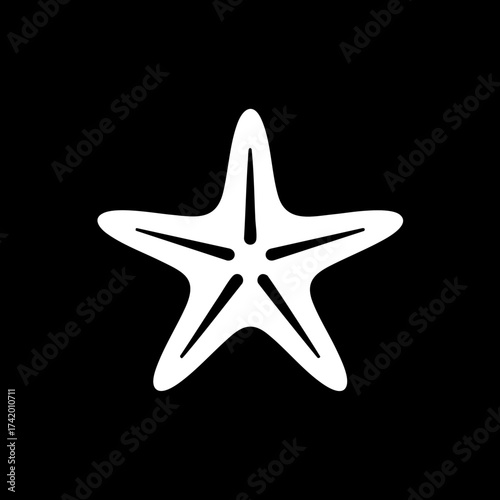 White starfish silhouette marine life icon on black background.