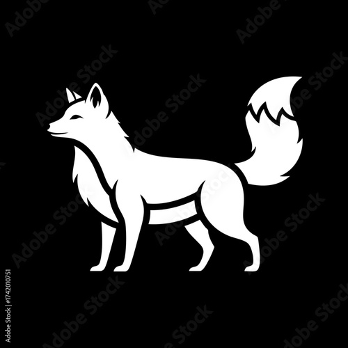 Stylized white fox silhouette standing gracefully on black background.
