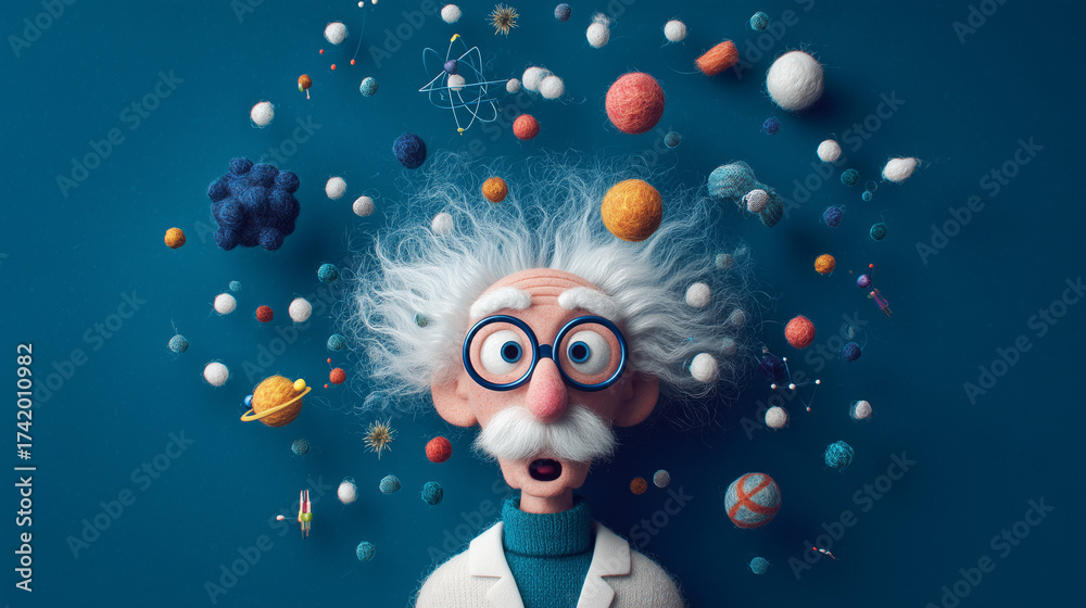 Fototapeta premium Mad scientist surrounded by colorful molecules, atoms, and planets on a solid dark blue felt background, creative science concept perfect for education, fantasy art, innovation, and STEM campaigns.