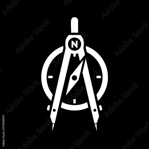 Geometric drawing compass with integrated navigational compass pointing North.