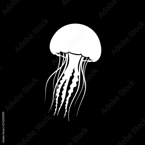 Elegant White Jellyfish Silhouette Swimming in Deep Ocean Waters.
