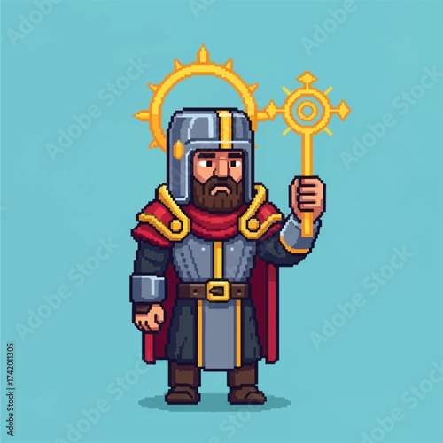 Pixel art crusader knight with beard, armor, and red cape, holding a golden scepter and halo against a blue background.