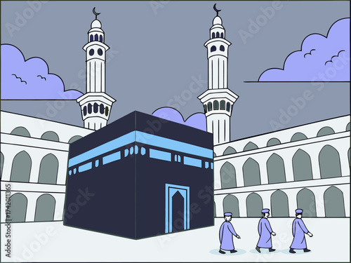 Illustration of the kaaba and minarets with pilgrims walking