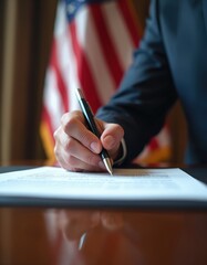 Person signs document with pen at desk. American flag in background. Official business or government action. Legal contract signing, presidential decree or law.