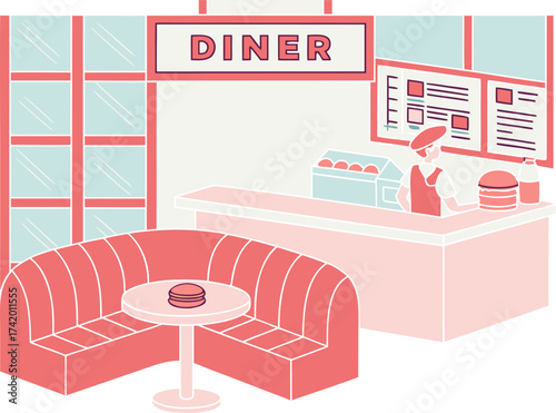 Retro diner booth with burger and fries and counter service Illustration