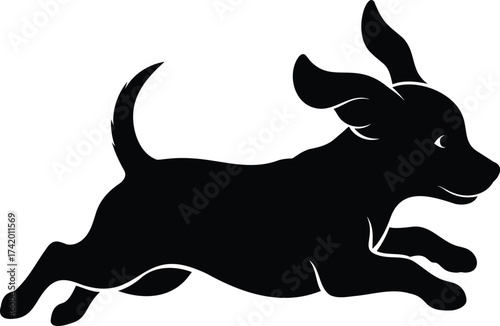 Happy running puppy with floppy ears, a playful pet animal silhouette vector
