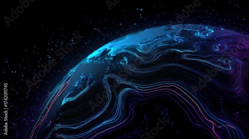 This artwork showcases a stylized 3D globe with glowing contour lines in shades of blue, cyan, and violet.