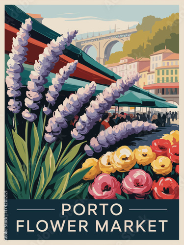 Vibrant impasto poster of Porto flower market with swirling lavender blooms, textured brushstrokes, riverside houses, and stone bridge under warm sunlight. Artistic travel illustration