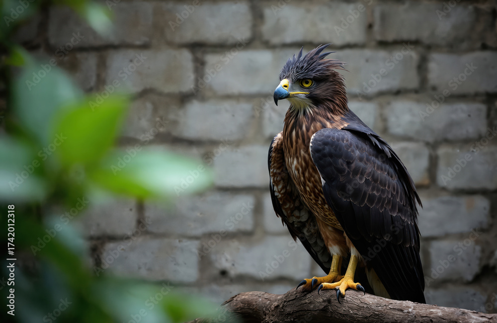 Fototapeta premium Adult Crested Hawk Eagle perches on sturdy tree branch. Powerful bird of prey sharp yellow eyes, distinctive crest. Watches alertly, brown feathers ruffled. Brick wall stands in background, green