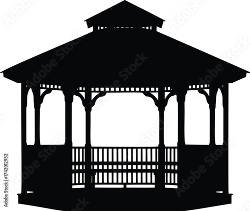 Ornate garden gazebo silhouette, outdoor park pavilion or bandstand vector icon