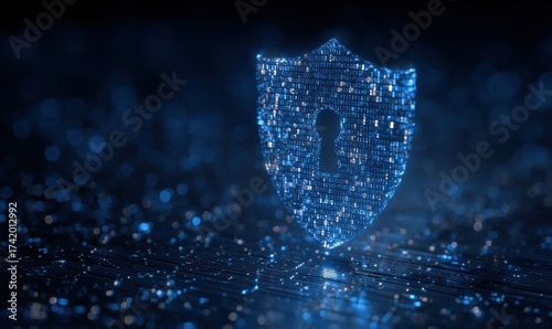 This visual showcases a digital shield featuring a keyhole, symbolizing cyber security. The blue backdrop is filled with flowing data, emphasizing protection.