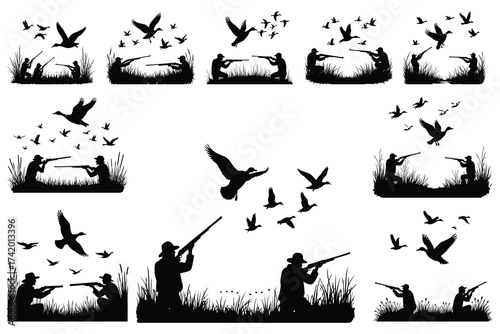 Duck hunters in silhouette aiming shotguns at flying birds
