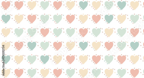 A repeating pattern of pastel hearts with tiny dots.
