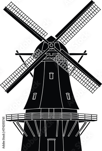 Traditional Dutch windmill silhouette, a historic rural landmark vector illustration