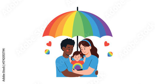 A loving family finds shelter under a rainbow umbrella showing their support.