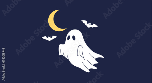 A friendly ghost floats under a crescent moon surrounded by bats on a dark blue background.