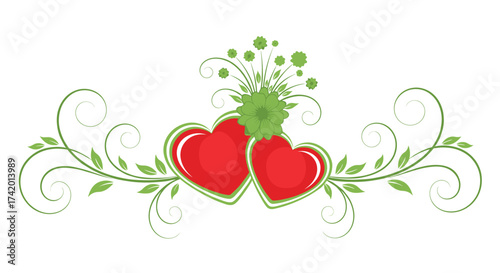 Two entwined red hearts adorned with swirling green vines and delicate floral accents.