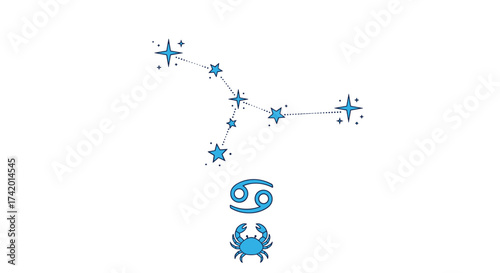 The Cancer constellation and zodiac symbol represent the celestial crab and its astrological sign for June and July born individuals.