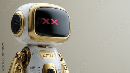 A robot with a sleek white body and gold accents is displayed against a simple background. It features a square head and a digital display showing symbols.