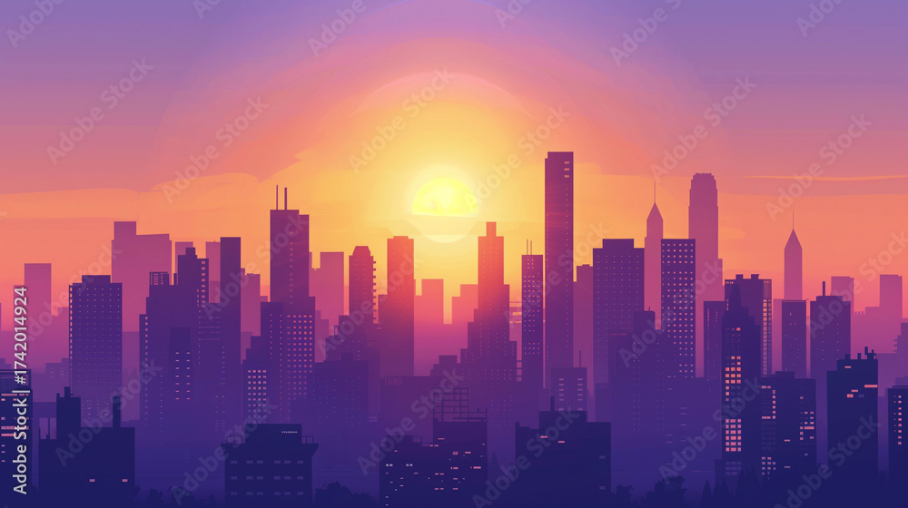 Fototapeta premium Vibrant city skyline at sunset with warm glowing sun and colorful atmospheric gradient sky