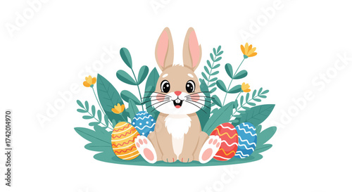 A cute bunny sits among colorful easter eggs and blooming flowers celebrating springtime.