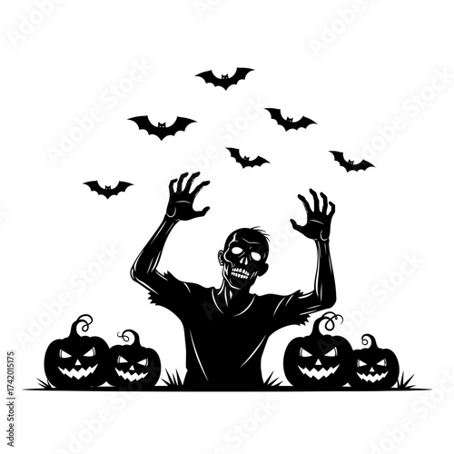 A black silhouette illustration of a zombie rising from the ground, surrounded by spooky jack-o'-lanterns and bats for Halloween.