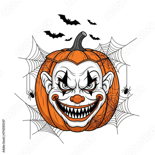 A detailed illustration of a Halloween pumpkin carved with a scary clown face, surrounded by spiderwebs and bats.