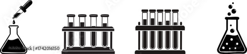 Silhouette of Science and Biology. A collection of laboratory equipment illustrations, featuring a dropper, test tubes, and a flask, all designed in a simple black and white style.