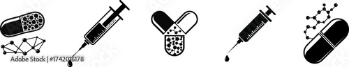 Silhouette of Science and Biology. A series of black and white icons depicting medical elements: pills, syringes, and molecular structures, representing health and pharmaceuticals.