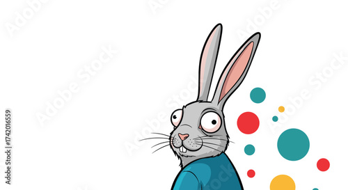 This charming illustration features a delightful rabbit with big expressive eyes wearing a blue shirt.