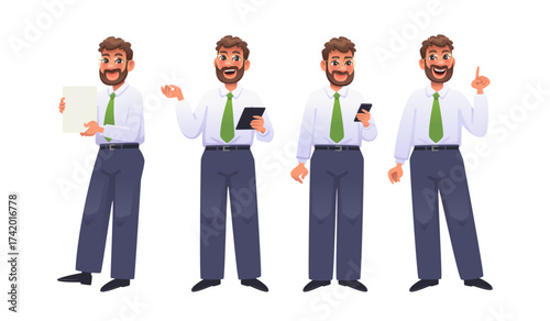Set of businessman or office worker character in various actions. The entrepreneur is showing a blank poster, chatting, and speaking