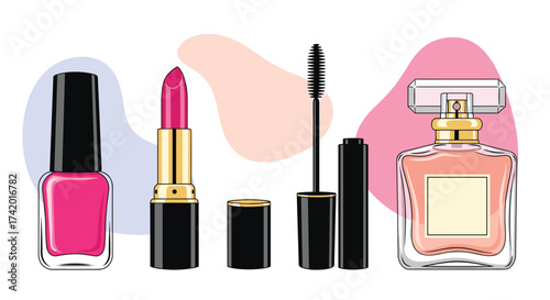 A collection of makeup and perfume products arranged against a soft background.