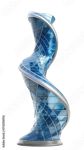 Futuristic twisting glass tower or skyscraper with a continuous white, spiral ribbon structure and external stairs, isolated on a transparent background.