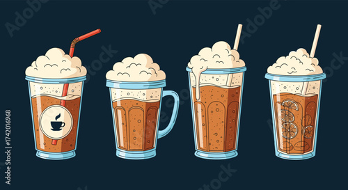 A collection of delightful iced coffee drinks with whipped cream toppings and straws.