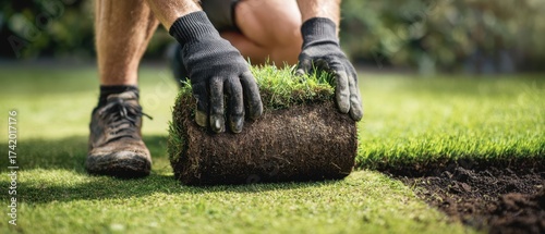 The Sod Roll Being Installed by a Gardener on a Lush Green Backyard Lawn