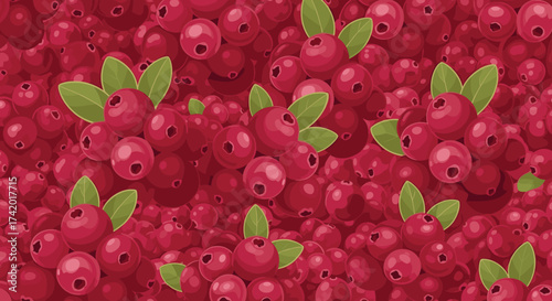 A vibrant close up image of fresh cranberries with green leaves.