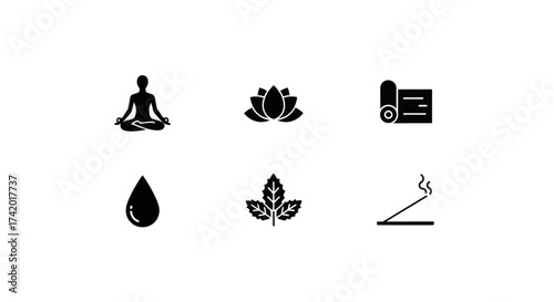 Serene symbols of meditation, yoga, and wellness create a calming aesthetic
